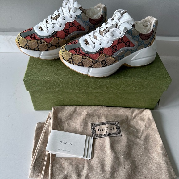 GUCCI Monogram Multicolor Demetra Women’s Rhyton Sneakers Yellow Blue Tobasco - Picture 7 of 10